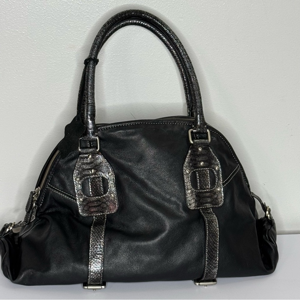 Charlie Lapson Black Genuine Leather Handbag w/Silver Snake Accent